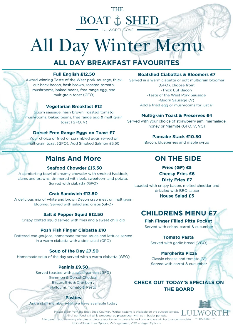 lulworth cove boatshed menu Feb 2026